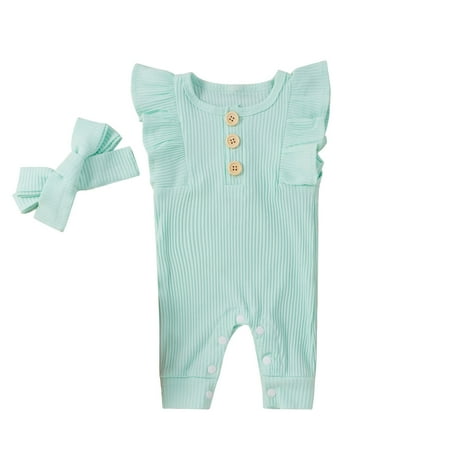 

Kukoosong Baby Girl Clothes Baby Bodysuits Infant Baby Girls Sleeveless Ruffles Solid Romper Jumpsuit+Headbands Blue 90
