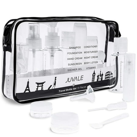 Juvale 15-Pack Refillable Toiletry Containers and Accessories with Clear Travel Bag - TSA Approved - Jars, Spray, Pump, and Squeeze
