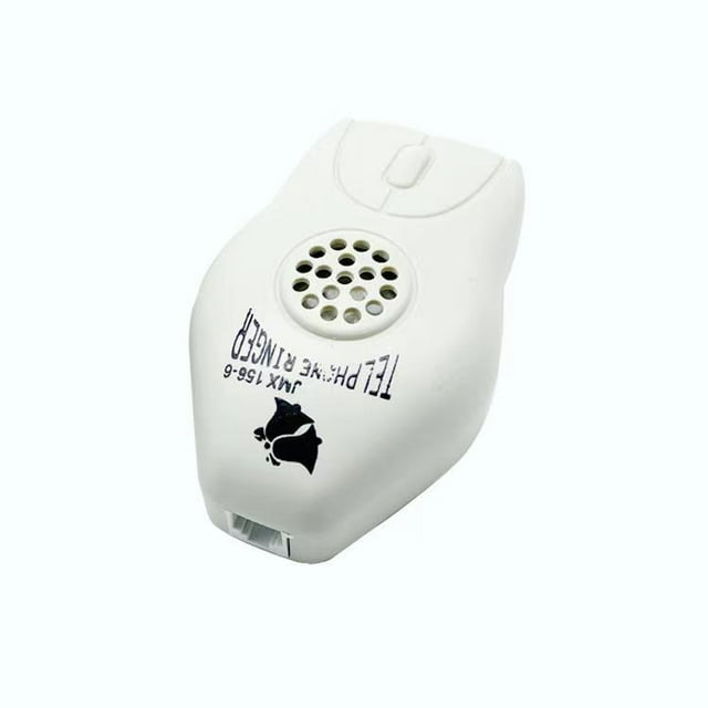 Jinsinto Loud Sound RJ11 Telephone Ring Ringer Amplifier for landline telephones. This white device features a speaker grille and RJ11 interface for easy installation between the telephone set and wall phone line. Designed to amplify ring sounds, it is suitable for noisy environments, hearing-impaired individuals, and as a telephone answering accessory.