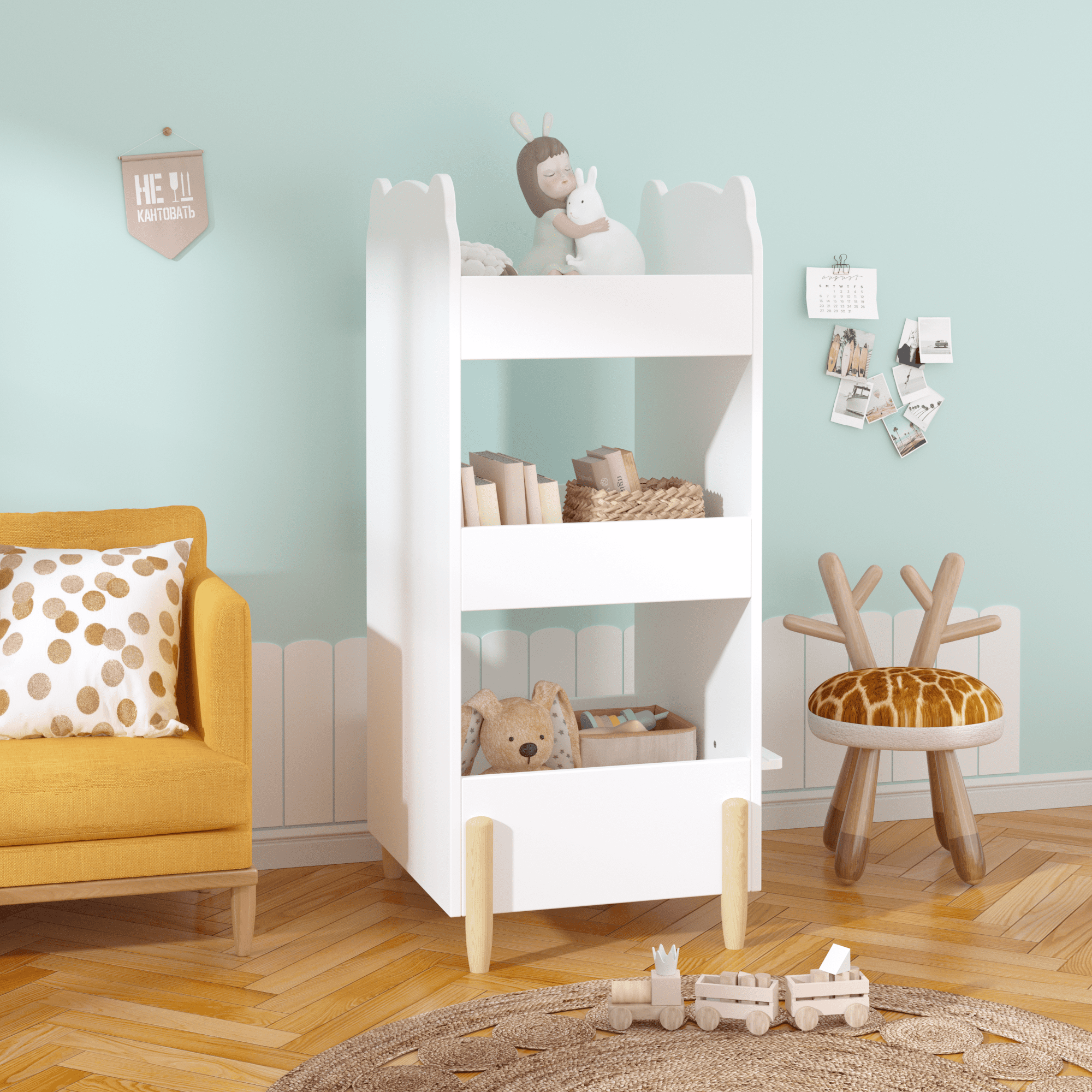 Kids Bookshelf with Chalkboard Side – Bear-Shaped Wooden Bookcase with 3-Tier Storage, Drawing Board for Toddlers, Toy and Book Organizer for Playroom or Bedroom – White