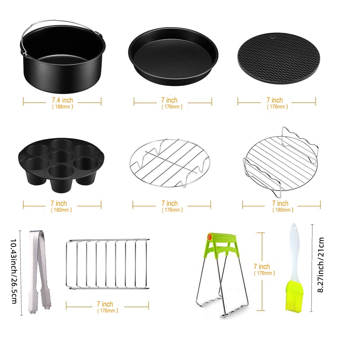 Air Fryer Accessories - 7 Inch Set of 10 Pcs Compatible for 3.2 - 6.8QT Accessories for Air Fryer with Cake Pan, Pizza Pan, Air Fryer Liner (Set of 10)
