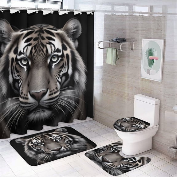 Black And White Tiger Portrait Shower Curtain Set Modern Bathroom Decor Mats 4pcs Fabric Bathroom Curtain Slip Floor Rug Toilet Lid