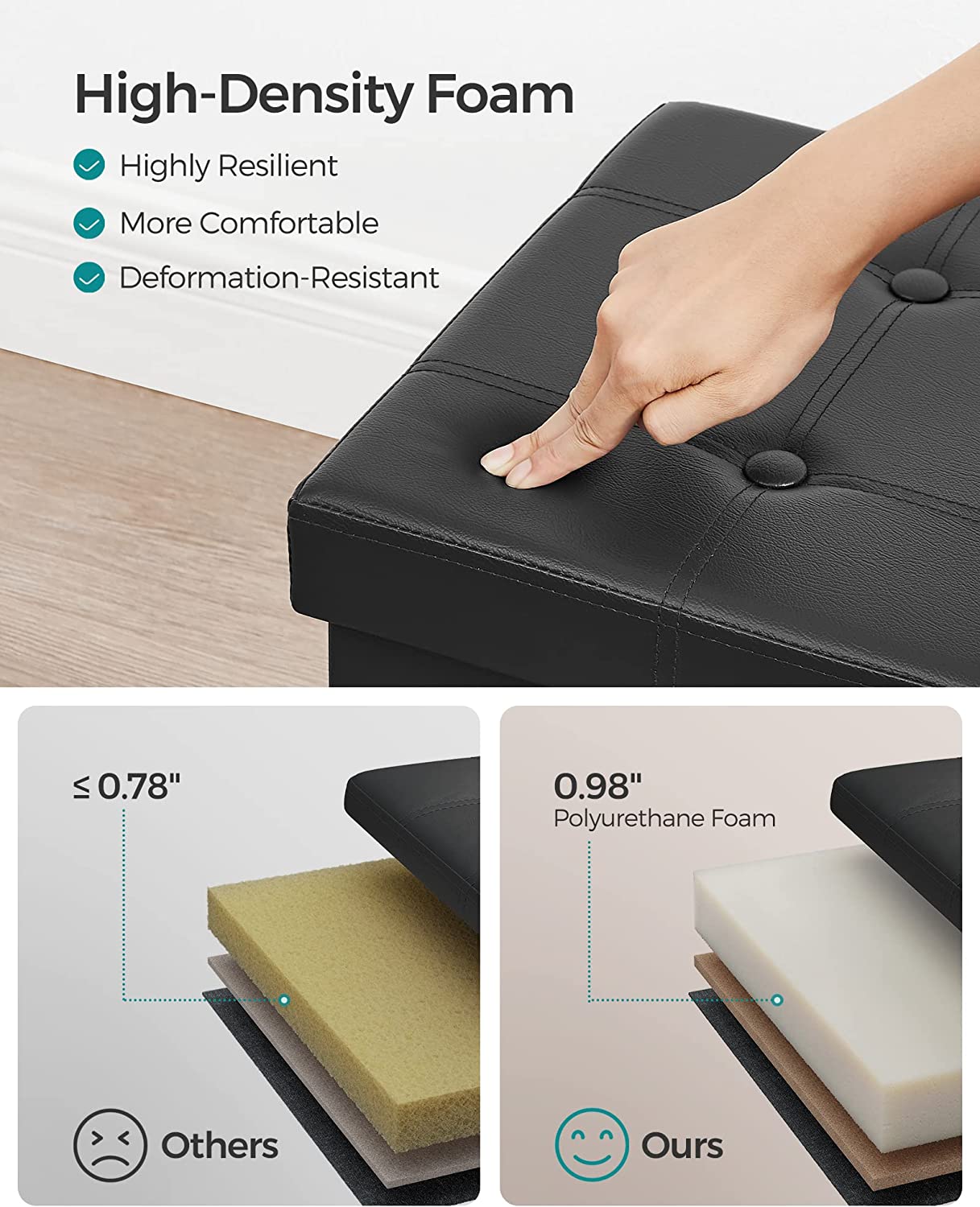Songmics 43" Storage Ottoman Bench, Black Faux Leather photo 5