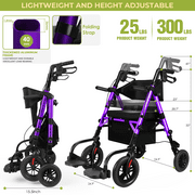 Foldable Rollator Walker for Seniors with Seat, Lightweight 2 In 1 Rolling Walkers Wheelchair Combo for Adult, Transport Chair with Brakes, Adjustable Seat and Handle, 300 Lb. Weight Capacity