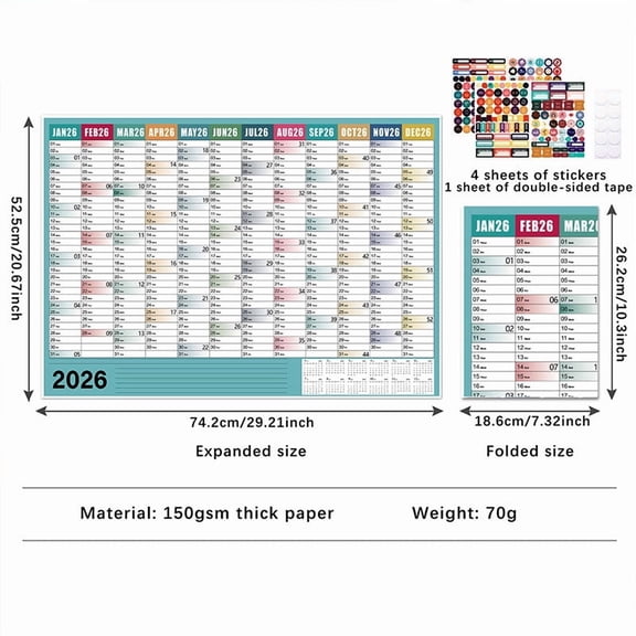 2026 Yearly Wall Calendar - 2026 Wall Calendar, Jan. 2026 - Dec. 2026, 2026 Yearly Calendar with Julian Dates, Thick Paper, Round Sticks, 30" x 22"