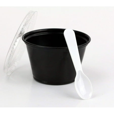 Disposable Black 4oz Plastic Condiment Cups with Lids and 3