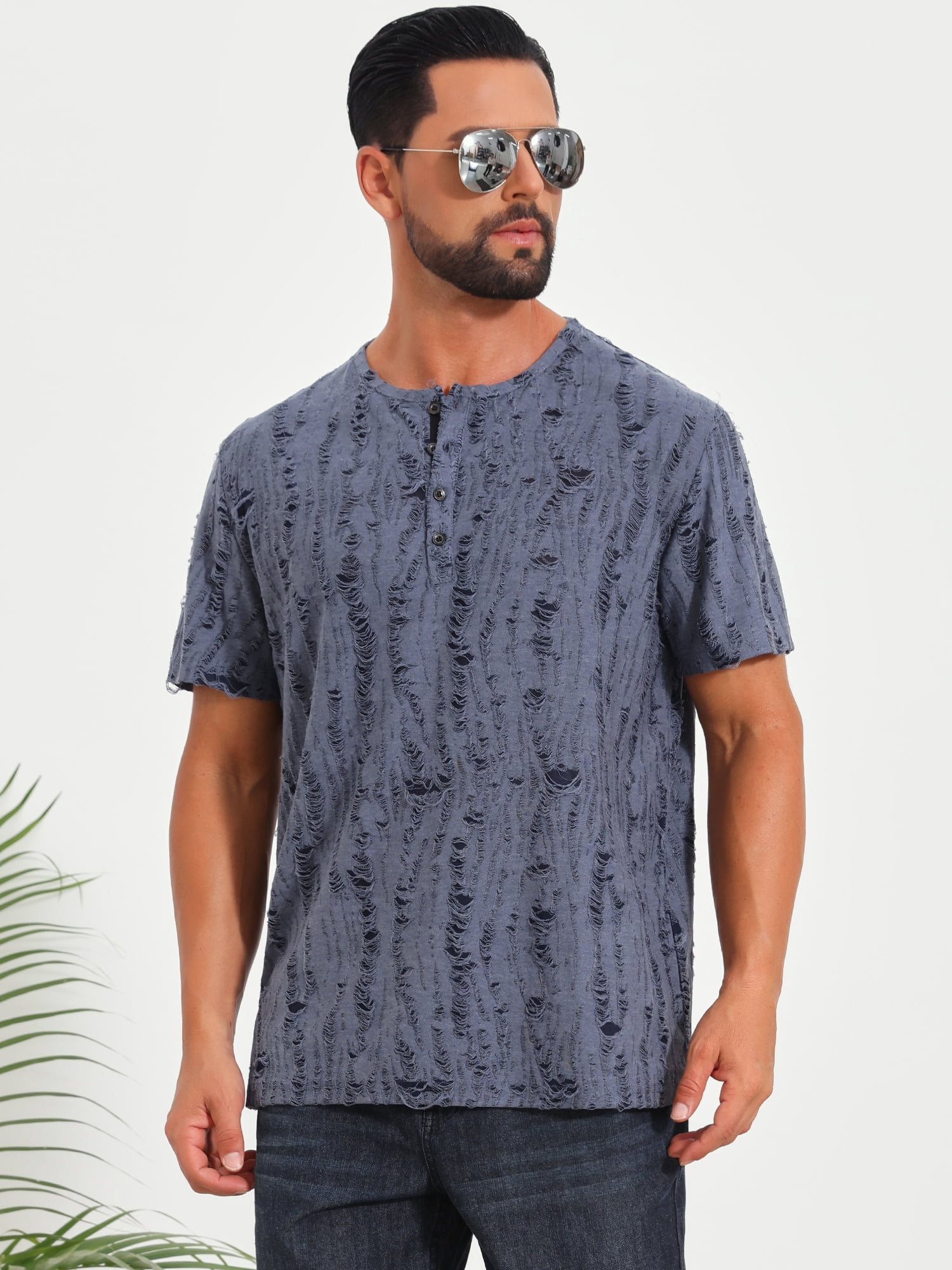 DARING DIVA Men's Ripped Henley Retro Short Sleeve Button Down T-Shirt S Gray Blue