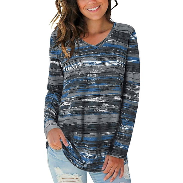 Qarigey Camiseta de mujer Otoño Impreso Cuello en V Top Top Blusa informal de manga larga Prendas para la parte del cuerpo Gris XXL