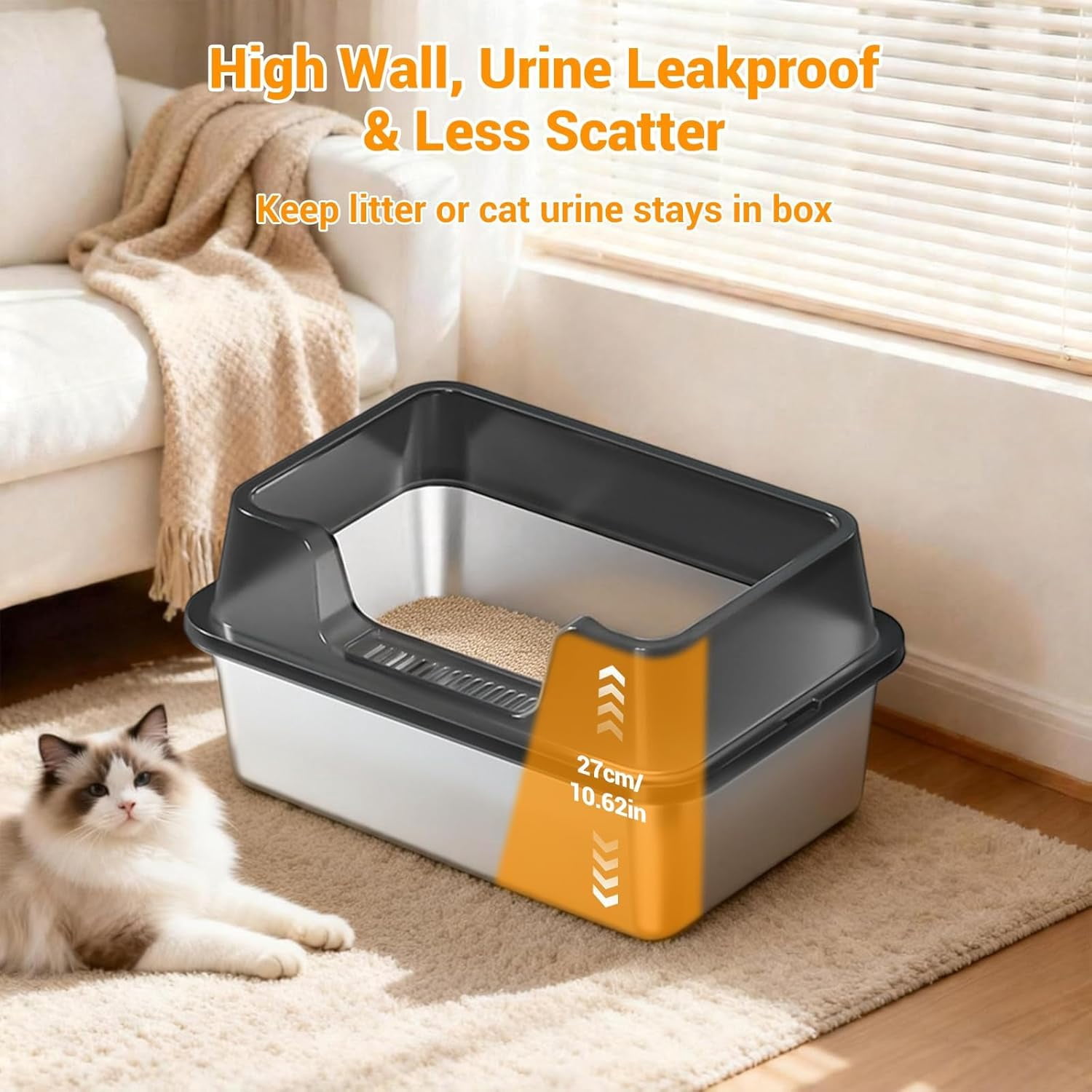 Gaderth Stainless Steel Litter Box, Enclosed Metal Litter Pan Tray with Lid for Big Cats and Multi-Cats, High Wall Sides Enclosure, Anti-Urine Leakage Non-Stick Bottom Include Scoop Easy to Clean