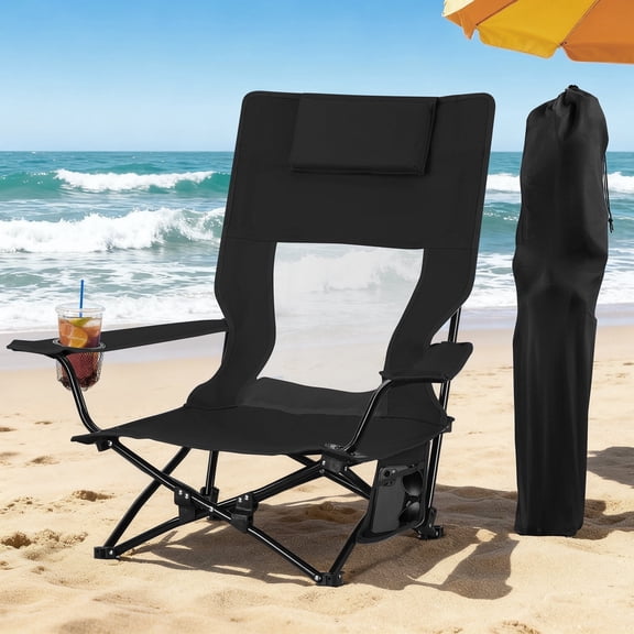 Coliware High Back Folding Beach Chair, Black Compact Lightweight Camping Chair with Carry Bag Cup Holder Snap-On Headrest, Outdoor & Fishing Sports Travel Chair for Adults