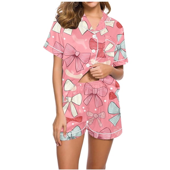 Goodtrade8 Womens Casual Pajamas Sets 2 Pieces Short Sleeve Homewear Pockets Shorts & Tops Heart Print Button up Loungewear Summer PJS PJ Sets for Women Homewear