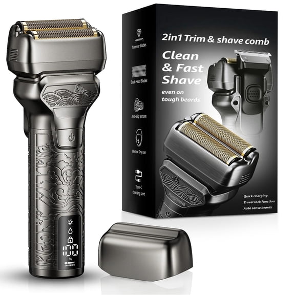 Noahstrong Men's Electric Razor with Trimmer – IPX7 Waterproof Foil Shaver for Wet & Dry Use, Dual-Blade Beard Trimmer with LED Display/Non-Slip Metal Handle/Travel Lock/Fast Charging