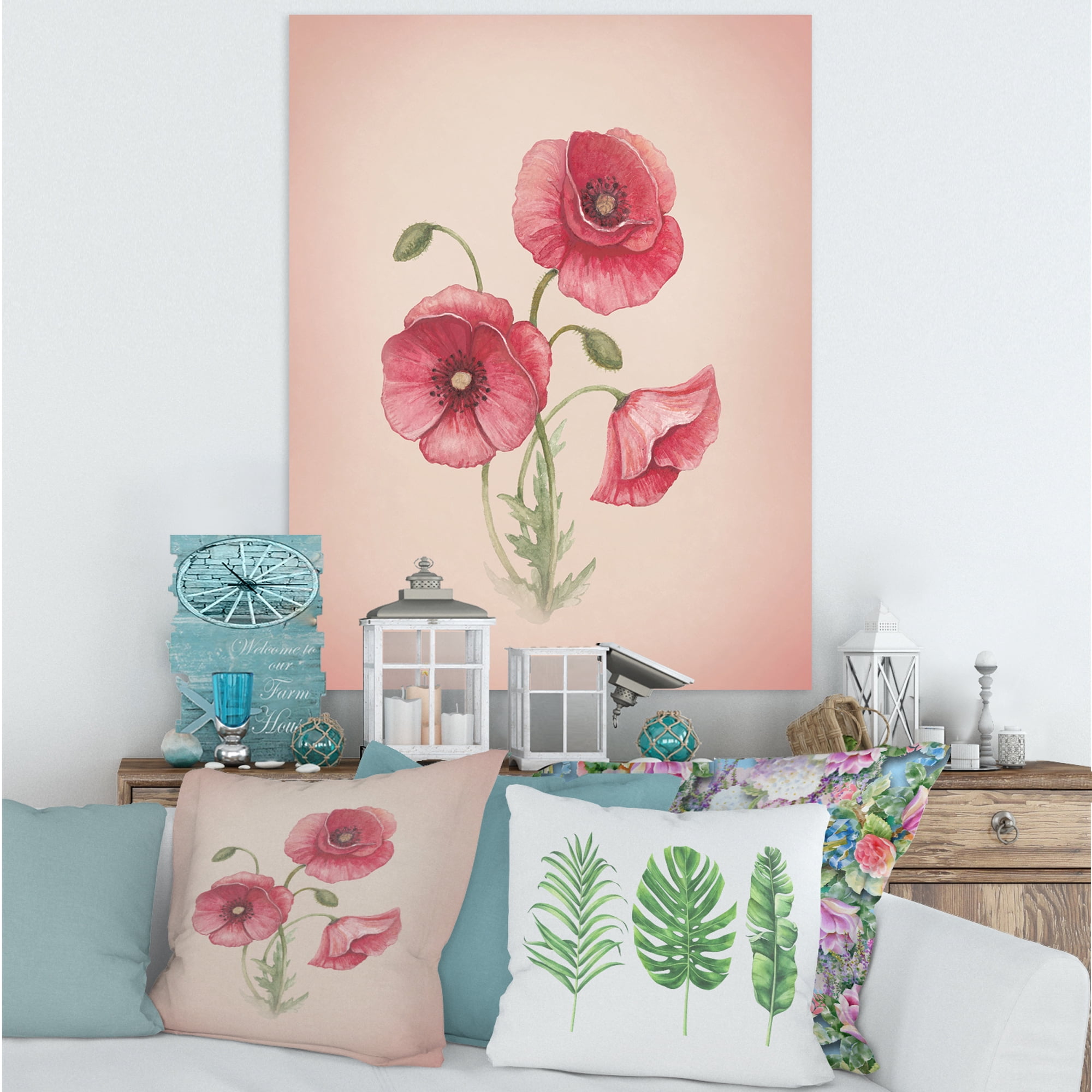 Designart ' Poppy Retro Flowers ' Vintage Canvas Wall Art Print