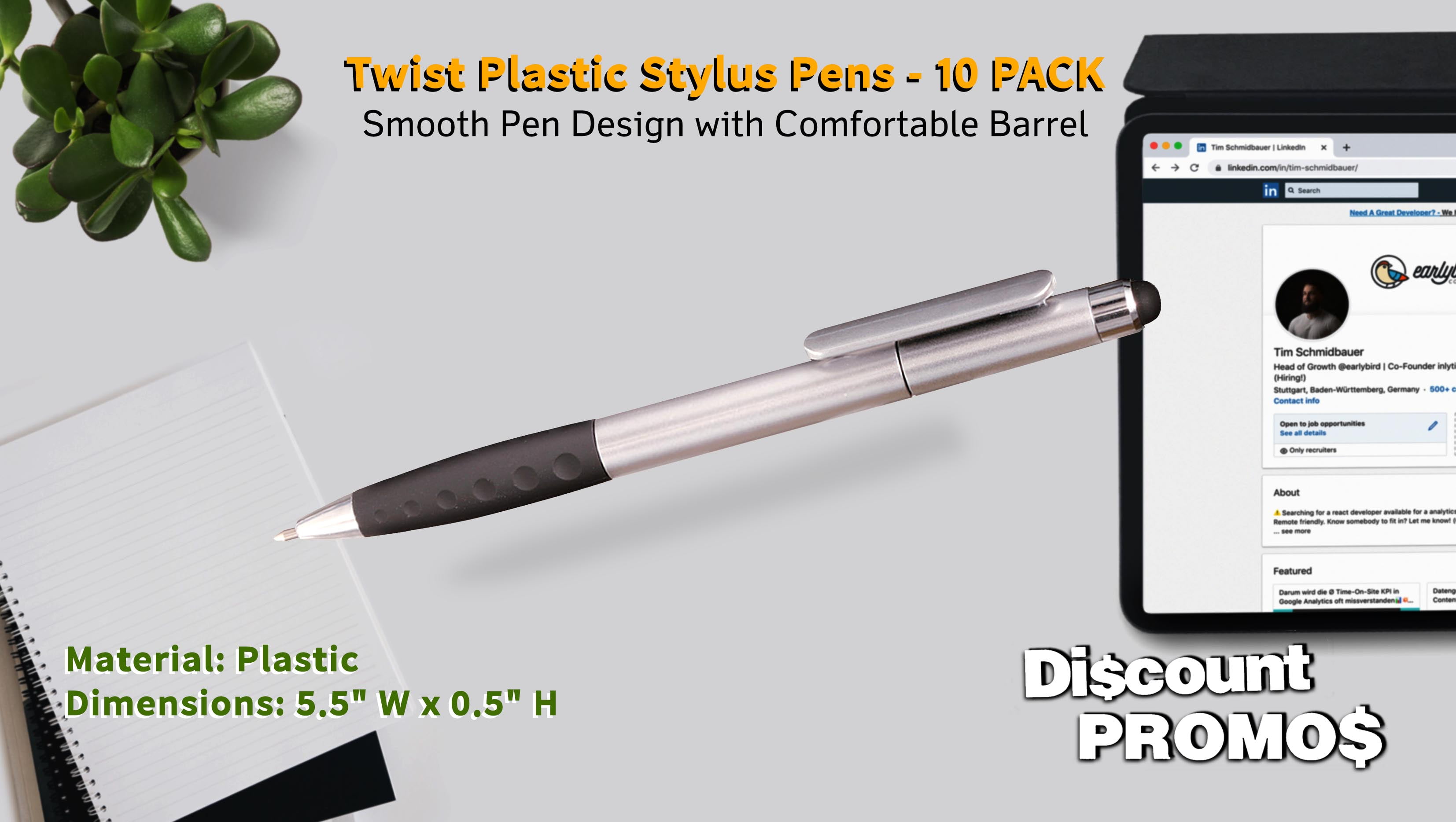 10 Twist Plastic Stylus Pens Pack - Ballpoint, Rubber Grip - Silver