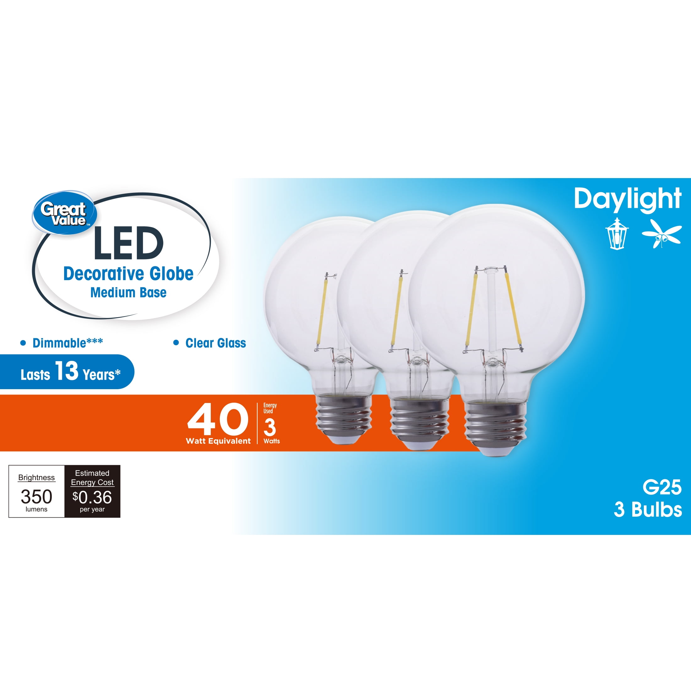 (2 pack) Great Value G25 LED Light Bulb, 3-Watt (40W Equivalent) Daylight Decorative Globe E26 Base Dimmable - 3 Pack
