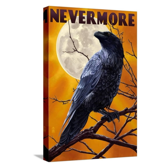 Art.com Nevermore - Raven and Moon Stretched Canvas Print Wall Art by Lantern Press, 12" x 18"