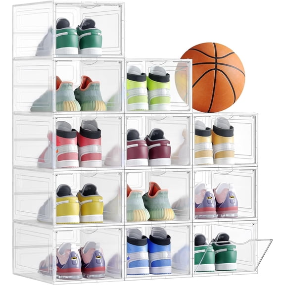 12 Pack Shoe Boxes Stackable, Storage Boxes with Clear Magnetic Door,Multifunctional Sneaker Organizer Fit up to US Size 12 (13.8”x 9.84”x 7.1”)