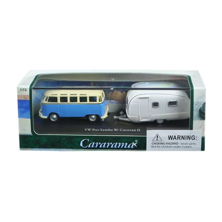 Bob Yak 28 Plus Trailer Volkswagen Bus Samba Blue with Caravan II Trailer in Display Showcase 1/72 Diecast Car Model by Cararama ()
