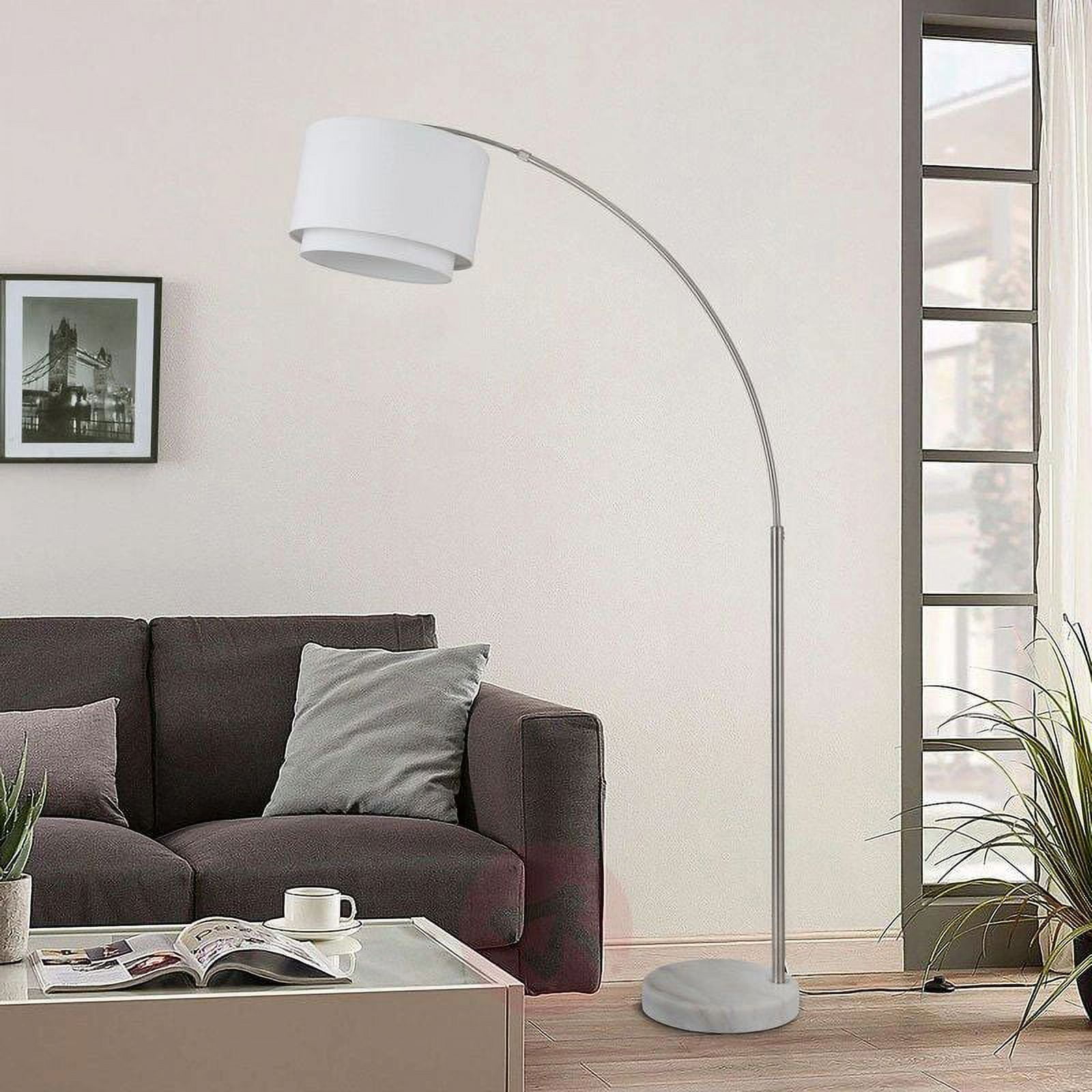 FC Design 81" Adjustable Height Arched Floor Lamp with White Double Drum Shade and White Marble Base