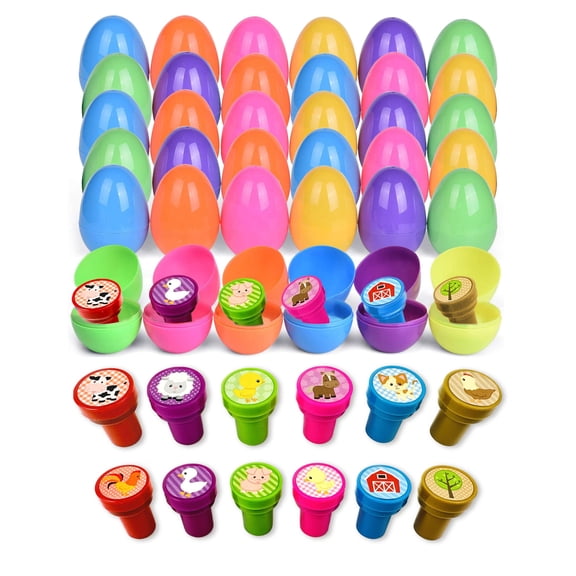 Tinymills 36 Pack Easter Eggs with Farm Animal Stamps for Kids, Easter, Goodie Bags Stuffer, Church