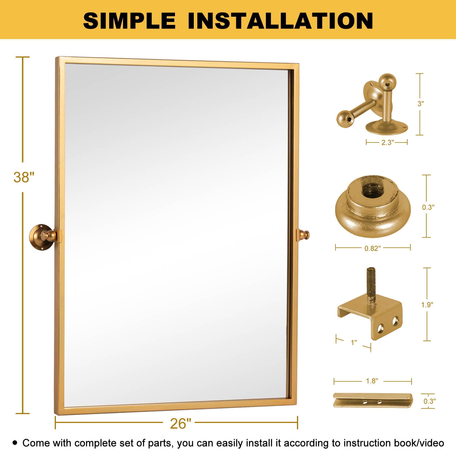 MAYEERTY 38x26x1 Inch Gold Metal Right Angle Rectangular Swivel Wall Mounted Mirror for Bathroom