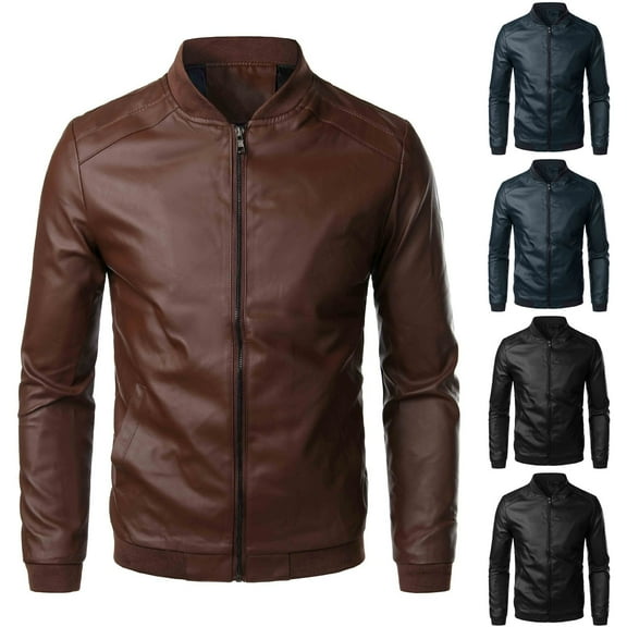 Fnooota Men's Leather Jackets, Full Zip Waterproof Casual Stand-up Collar Motorcycle Jacket Brown Size M-4XL