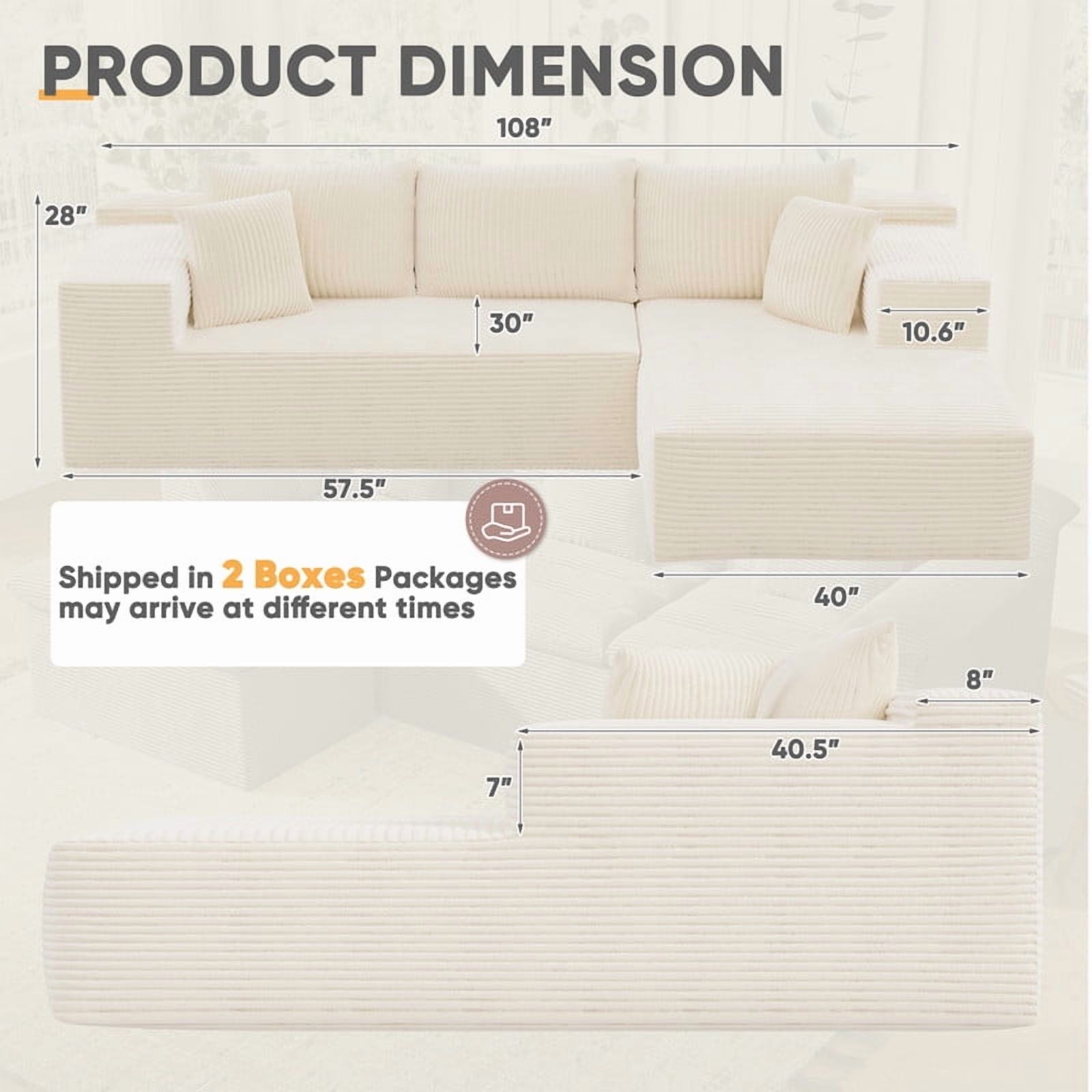 Furmax 108"  L-Shape Boneless Chaise Sectional Sofa Cloud Couch Sectional Corduroy Couch Set with Deep Seat for Living Room,Corduroy White