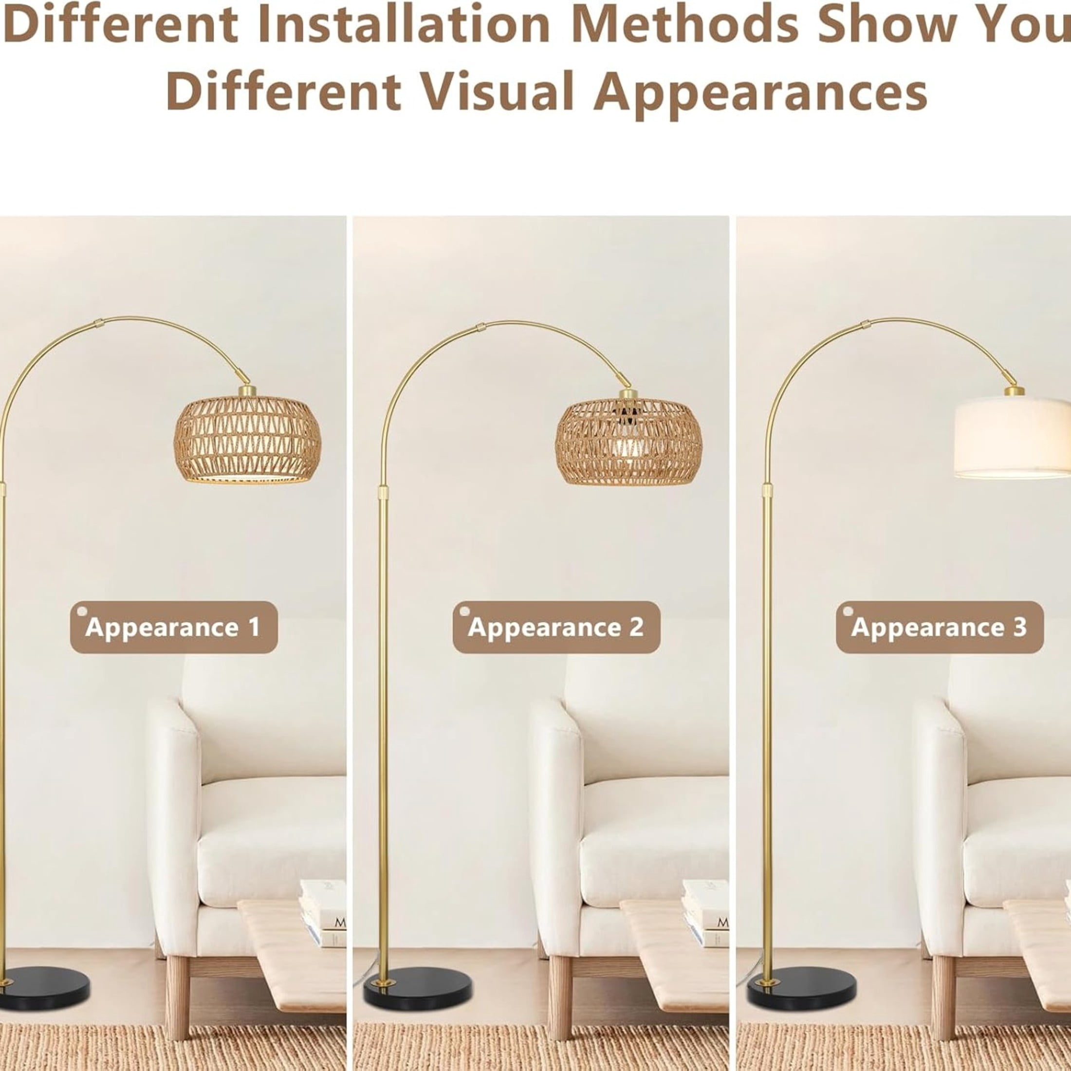 Noble House Arc LED Floor Lamp with Remote, Boho Rattan Shade Height Adjustable Over Couch Reading Light, Gold