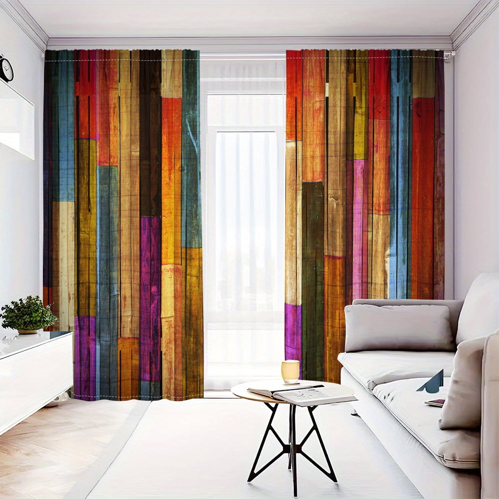 WNOOHIY Colorful Wooden Plank Pattern Polyester Curtains for Bedroom, Living Room,Set of 2 Panels