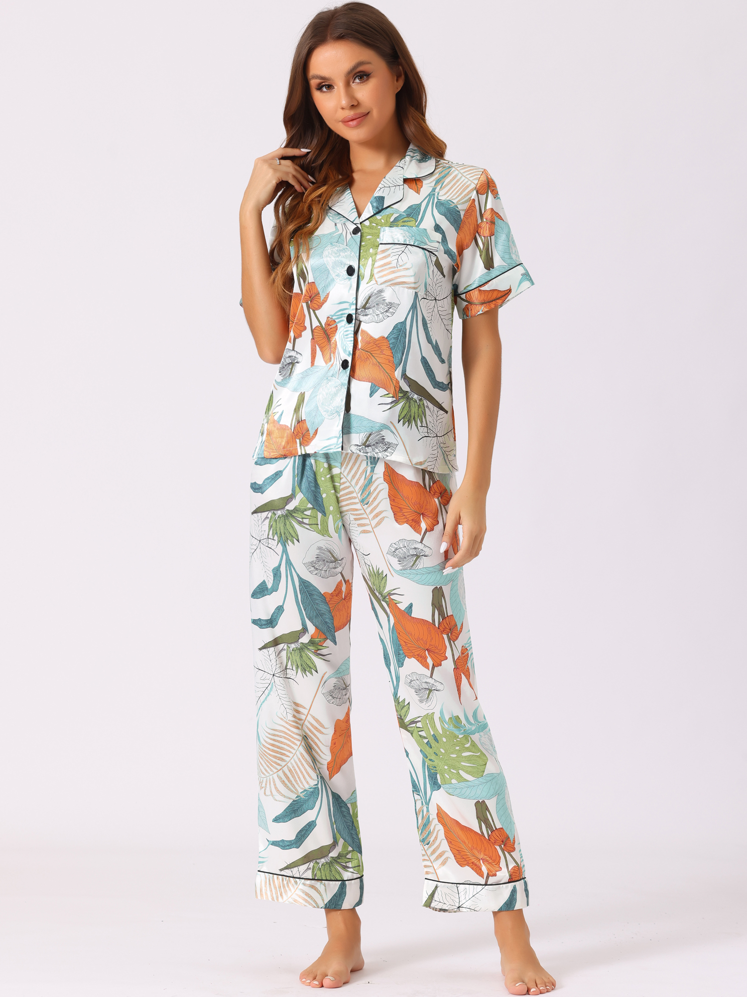 Unique Bargains Womens Satin Sleepwear Short Sleeve Loose Pants Lounge Pajama Sets S Green