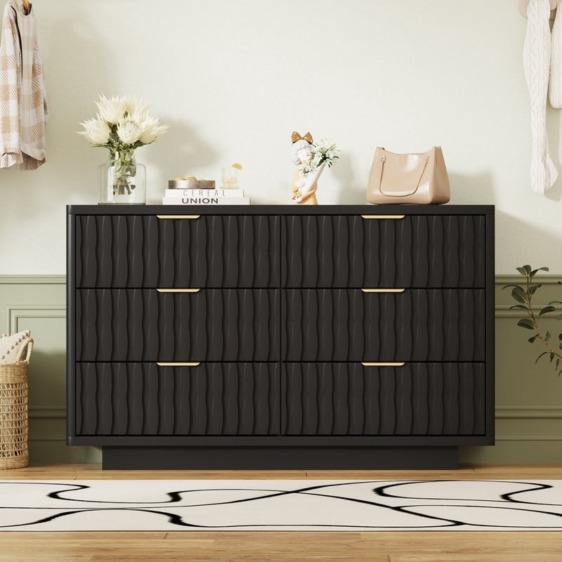 Fluted 6 Drawer Dresser for Bedroom, Wide Modern Chest of Drawers with Metal Handle, Curved Profile Design, Wood Closet Clothes Storage Organizer for Bedroom, Living Room, Hallway(Black)