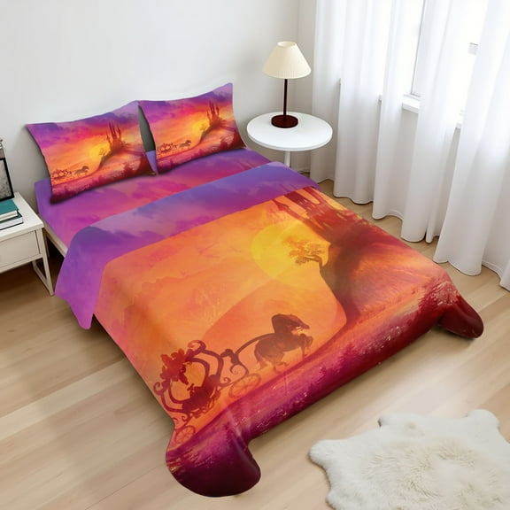 Ambesonne Gothic Fitted & Top Sheet Set with Shams, Medieval Castle Kingdom, Orange Purple