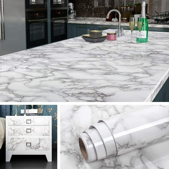 Jinsinto 60CM*5M White and Gray Marble Furniture Self Adhesive Paper Worktop Covering Decorative Adhesive Removable Washable Self Adhesive Vinyl Paper for Kitchen Cabinet Countertop Fireplace