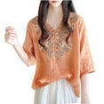 thumbnail image 2 of Neewe Womens Tops 3/4 Sleeve Shirts Round Neck Loose Casual Blouses Floral Embroidered Tshirts, 2 of 4