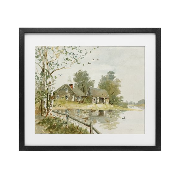 Cabin Along River's Edge Black Framed Print Under Glass, design by Lettered and Lined