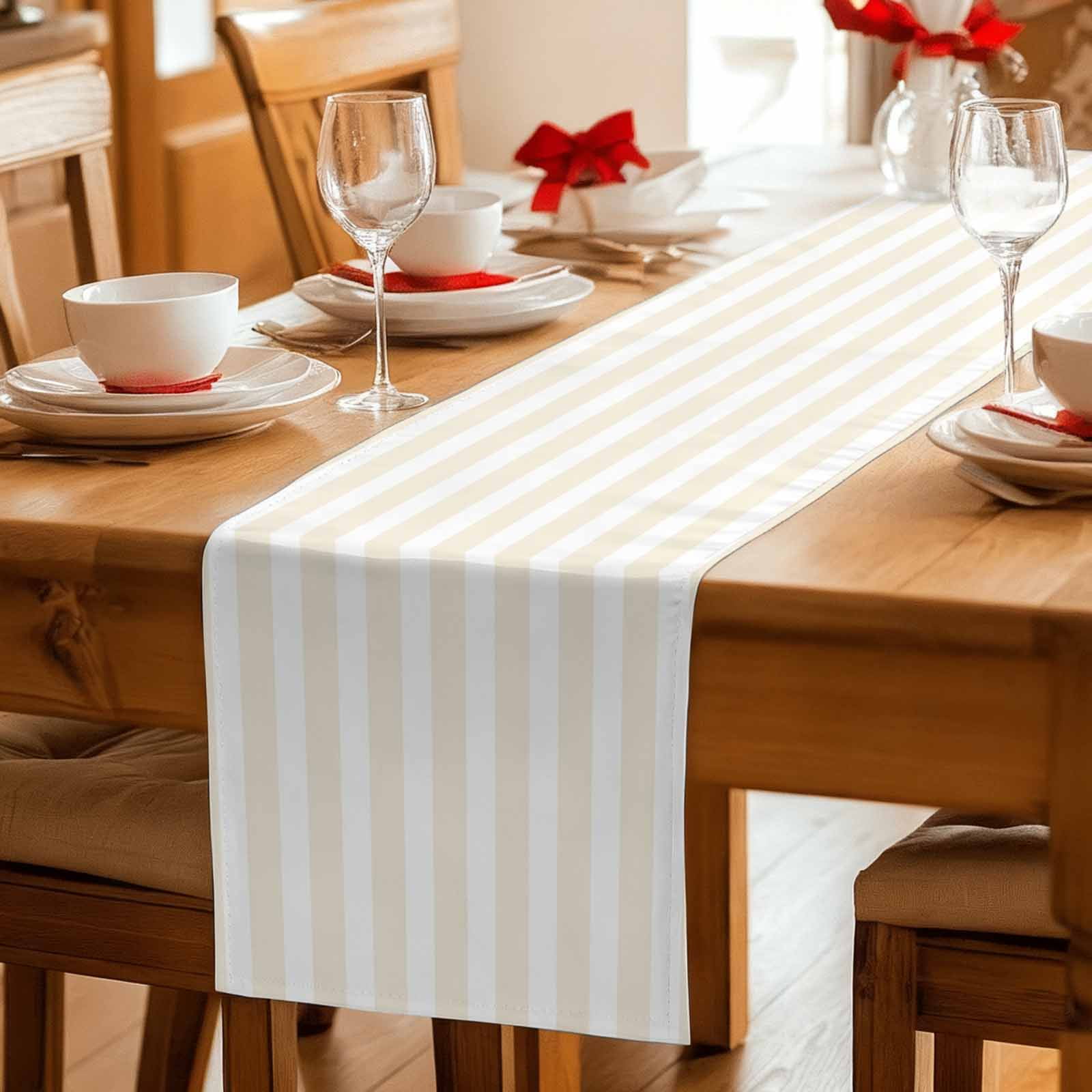 Cream Striped Table Runner, Modern Farmhouse Cream White Stripes Washable Cotton Linen Table Runners 36 Inches Long, Dresser Scarf Runner for Nightstand/End Tables/Round Tables 13''x36''