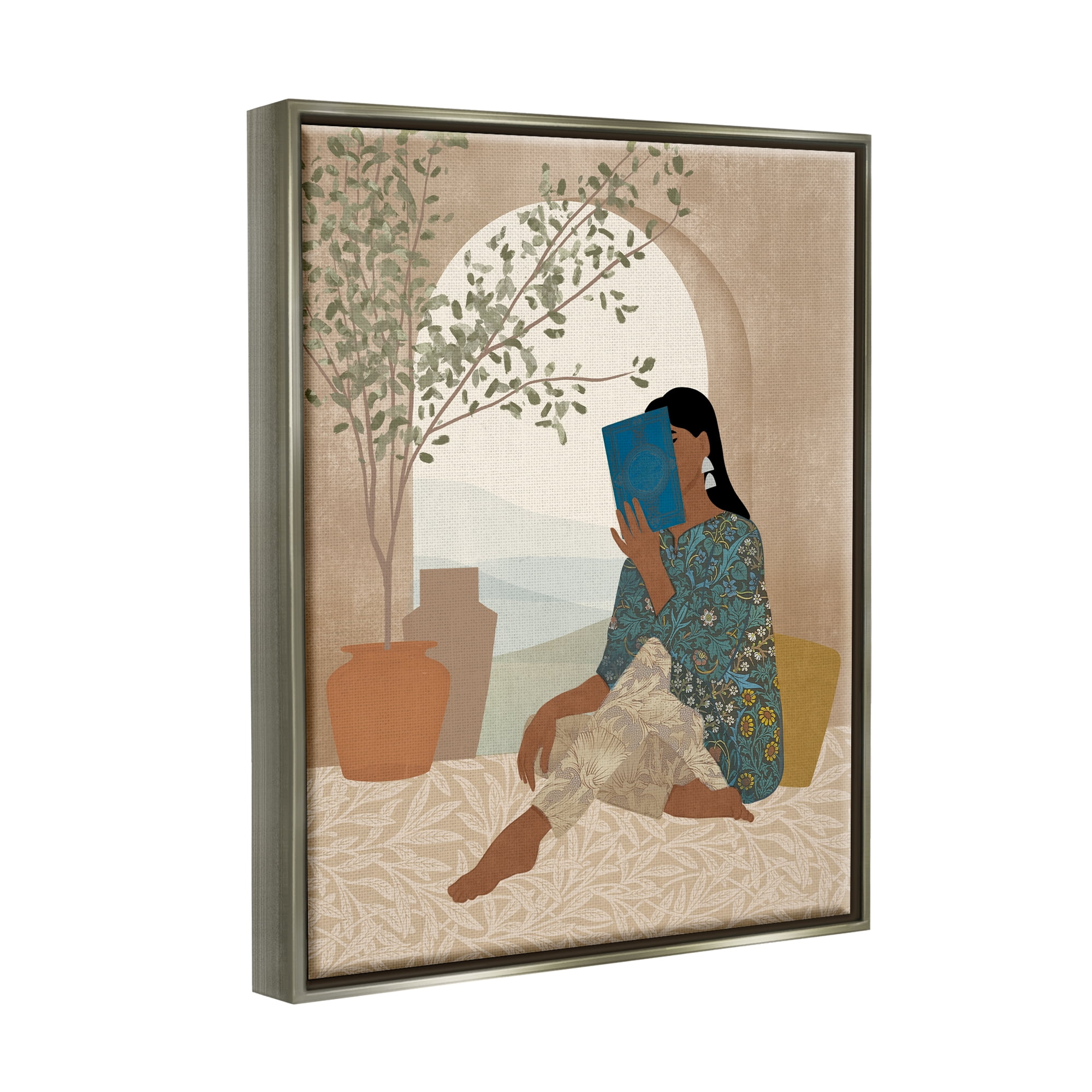 Stupell Industries Boho Woman Reading Botanical & Floral Painting Gray Floater Framed Art Print Wall Art, 17 x 21