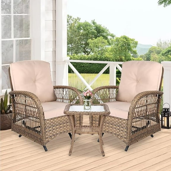 VIVIJASON Patio 3-Piece Rattan Glider Outdoor Bistro Set with Accessories Included, Gray/Beige