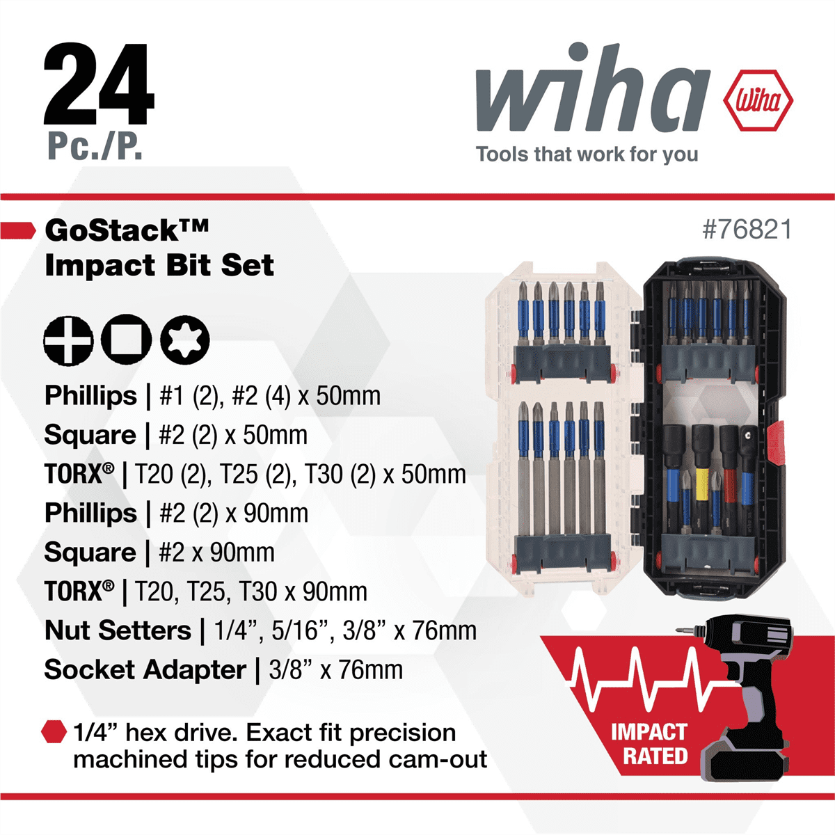 Wiha Tools 24 Piece GoStack TerminatorBlue Impact Bit Set with Nut Setters and Adapter
