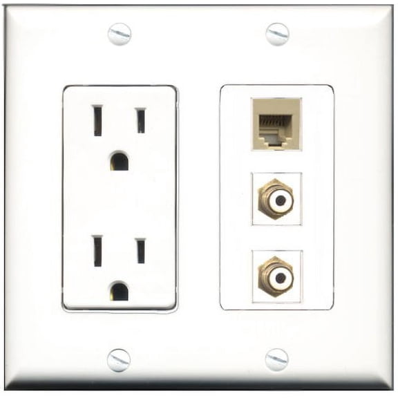 RiteAV - 15 Amp Power Outlet 2 Port RCA White 1 Port Phone Beige Decorative Wall Plate