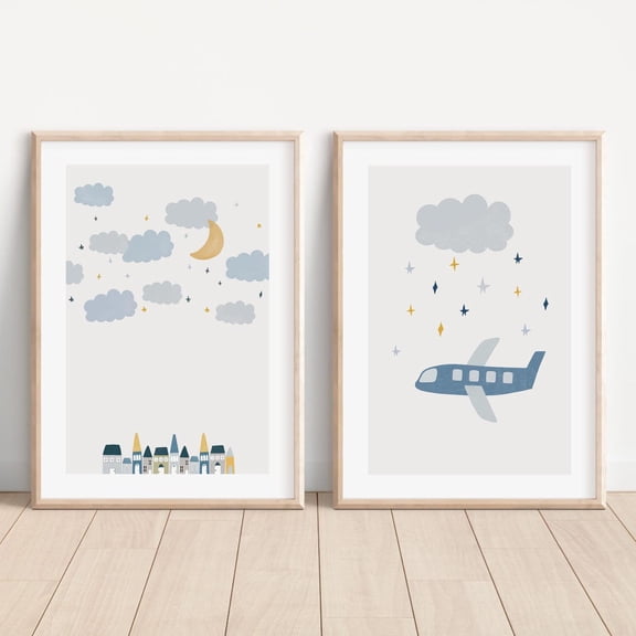 Luvia Airplane Nursery Set, Boys Room Decor, Cityscape Clouds Poster, Whimsical Travel Nursery Art For Baby Or Toddler Room, Modern Wall Decor Set 2 Prints 8x12 UNFRAMED