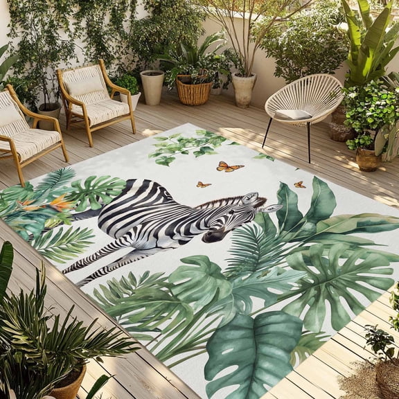 Fsddascl Tropical Zebra Butterfly Outdoor Rug for Patio/Deck/Porch, Non-Slip Large Area Rug 5 x 8 Ft, Watercolor Summer Palm Leaf Indoor Outdoor Rugs Washable Area Rugs, Camping Rug Carpet