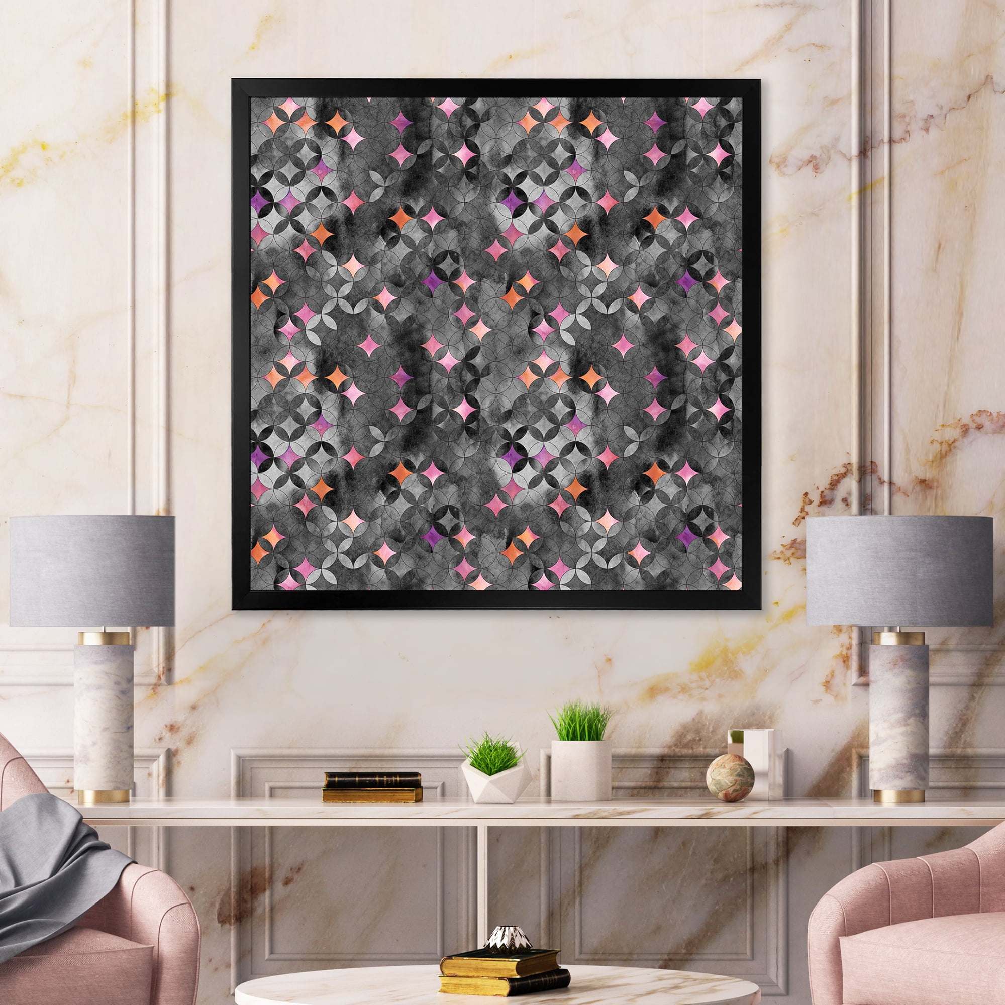 Designart 'Geometry Pink Stars With Intersecting Circles' Modern Framed Art Print
