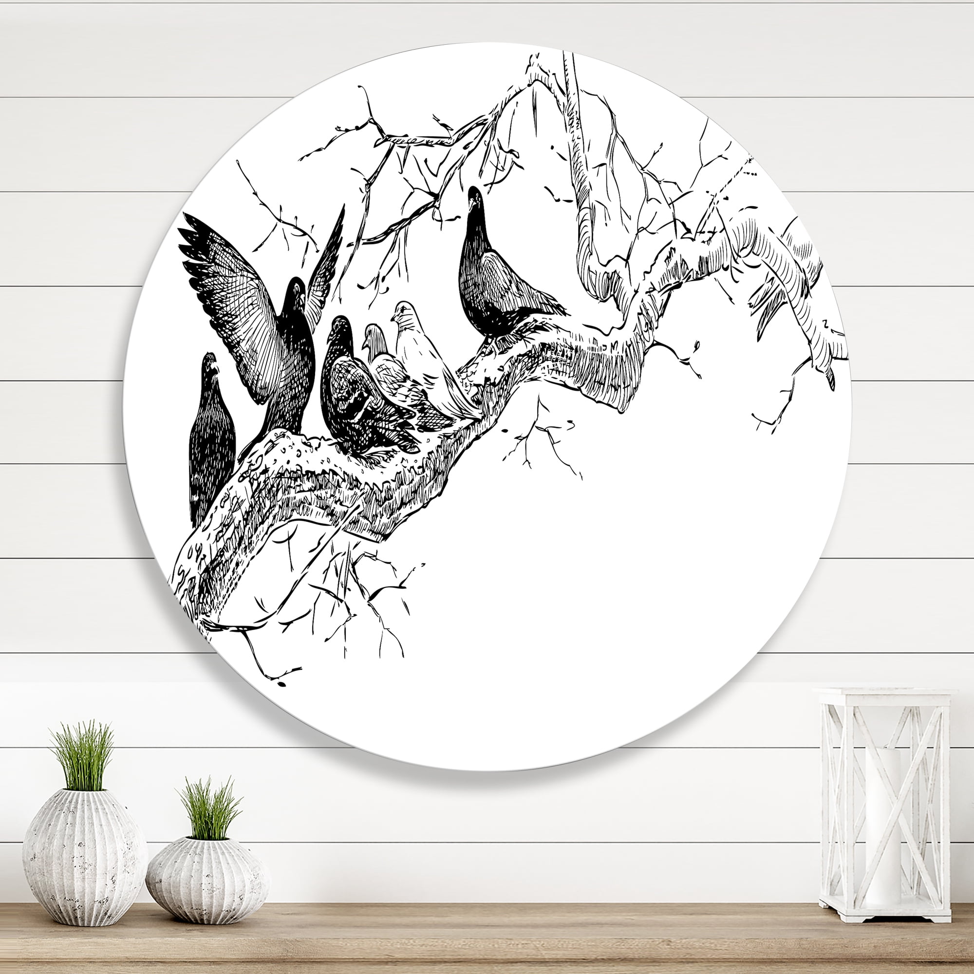 Pigeons Sitting On The Tree Branch 11 in x 11 in Painting Art Prints, by Designart