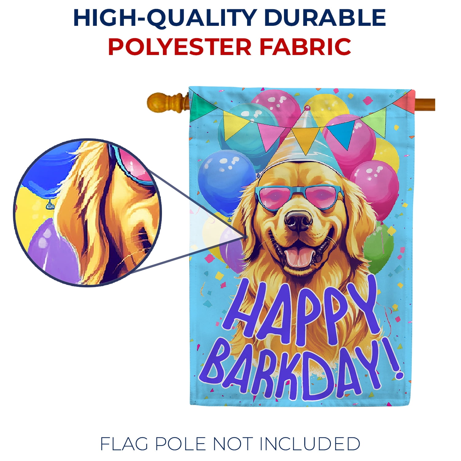 America Forever Happy Barkday House Flag 28 x 40 inch Double Sided Golden Retriever Dog Birthday Party Balloons Sunglasses Funny Pun Outdoor Yard Flag
