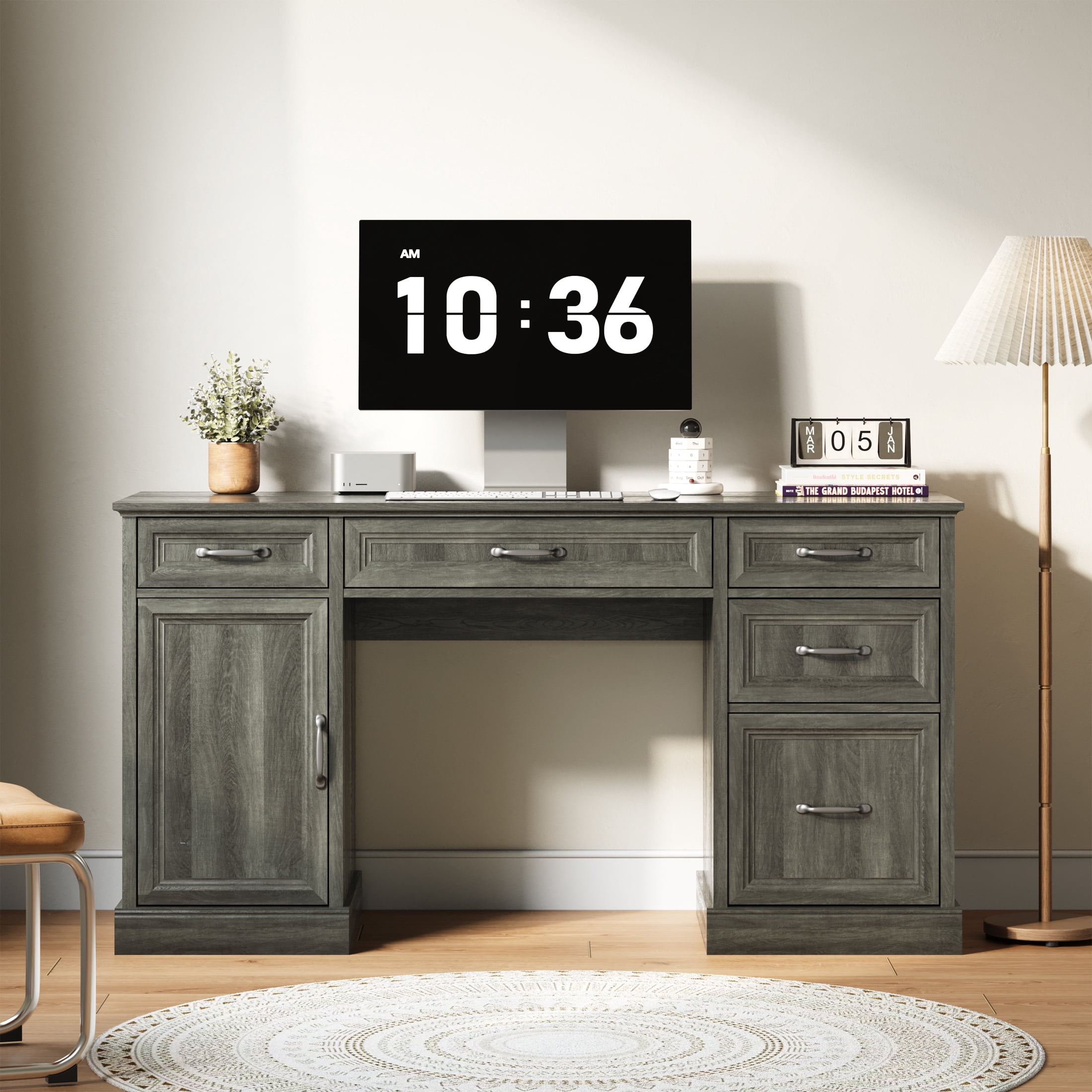 YouTrend 58'' Farmhouse Executive Desk,Wood Home Office Computer Desk with 5 Drawers and Storage Cabinet for Work Study Writing,Gray