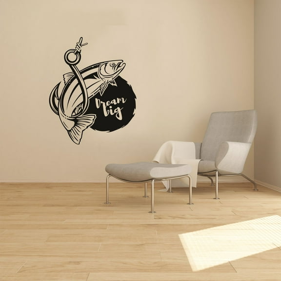 Dream Big - Fishing Fish Caught Fish Hook Silhouette Drawing Art Vinyl Wall Art Sticker Decal Home Kids Recreational Fishing Bedroom Fishing Boys Girls Décoration Design Decor Size (30x22 inch)