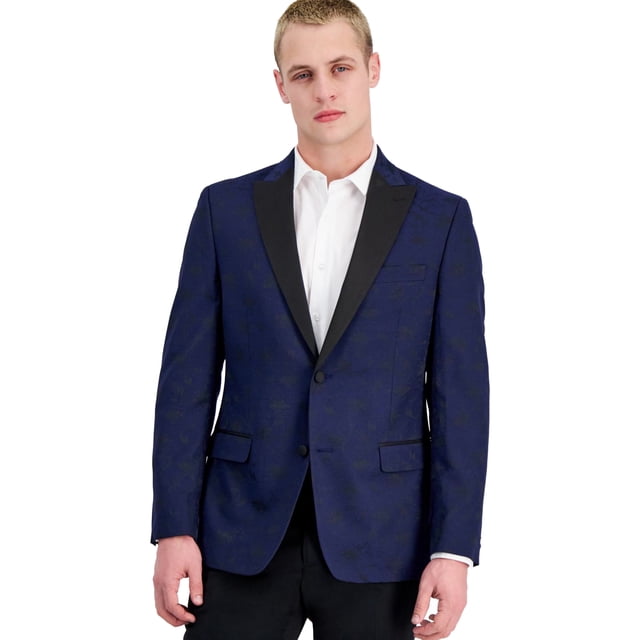 Alfani Mens Floral Slim Fit Two Button Blazer Jacket, Blue, 42 Regular