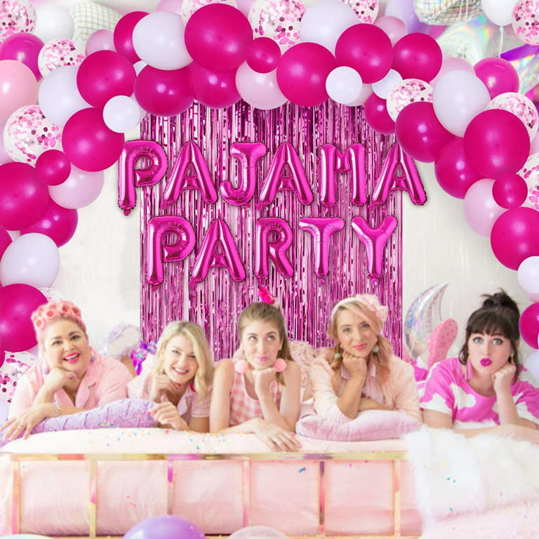 Pajama Party Decorations for Girls Women, Pajama Hot Pink Balloon Garland  Kit Decor Pajama Party Foil Curtain Backdrop for Movie Night Ladies Night Girls  Slumber Sleepover Party Decorations 