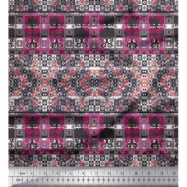 Soimoi Cotton Poplin Fabric Check & Damask Ethnic Printed Fabric 1 Yard 42 Inch Wide